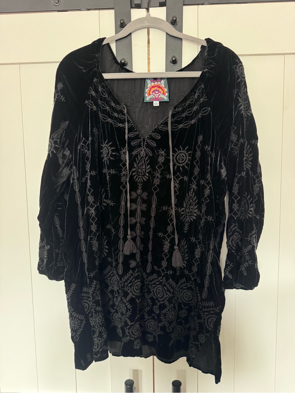 Johnny Was Boho Embroidered Velvet Tunic Top - Black